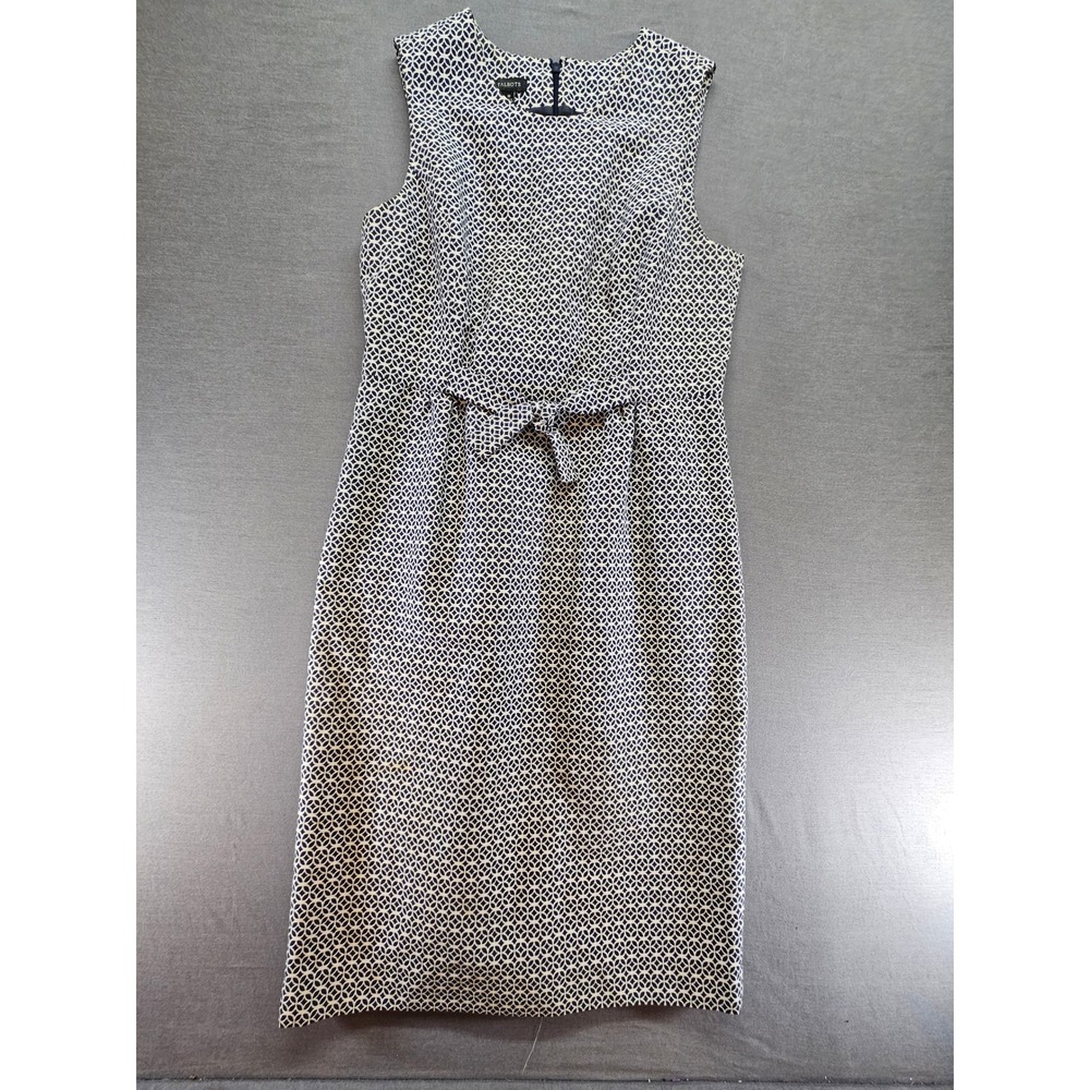 Talbots Womens Navy White Geometric Print Sleeveless Bow Sheath Dress Size 10